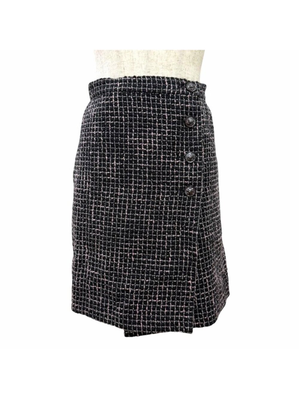 Chanel Wool CC Logo Lion Button Tweed Wrap Skirt Black Pink 36